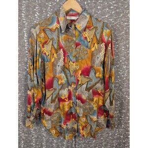 Vintage Bella Camicie By Brett Harrison 100% Silk Blouse Music Print Women's 8